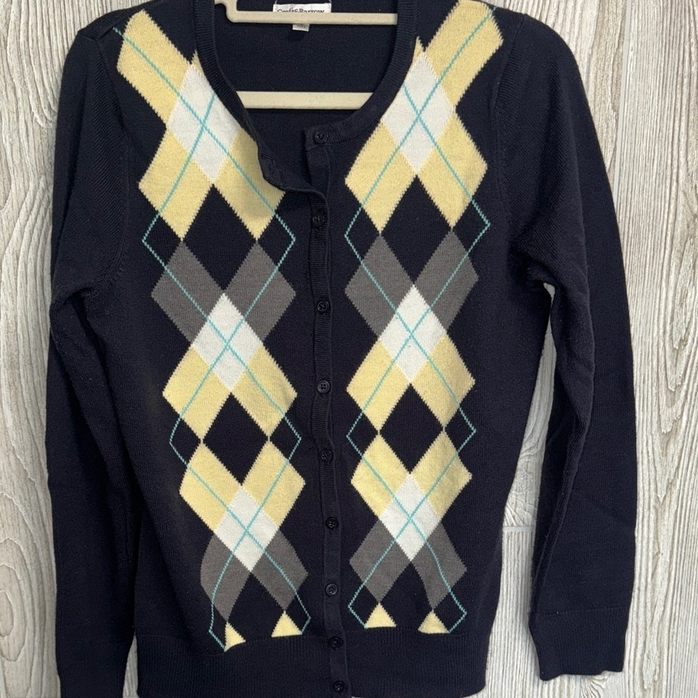 Croft & Barrow Navy Blue Cardigan Yellow Gray Argyle Small